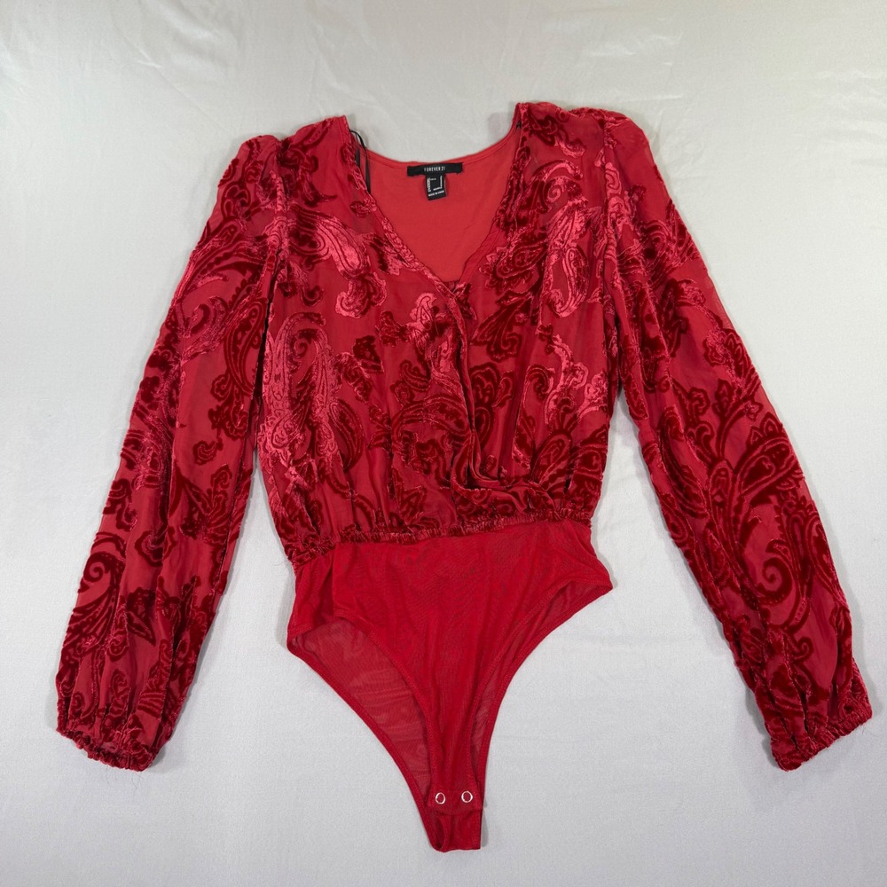 Red Burnout Velvet Paisley Bodysuit Long Sleeve S Whimsigoth Dark Romantic Y2K